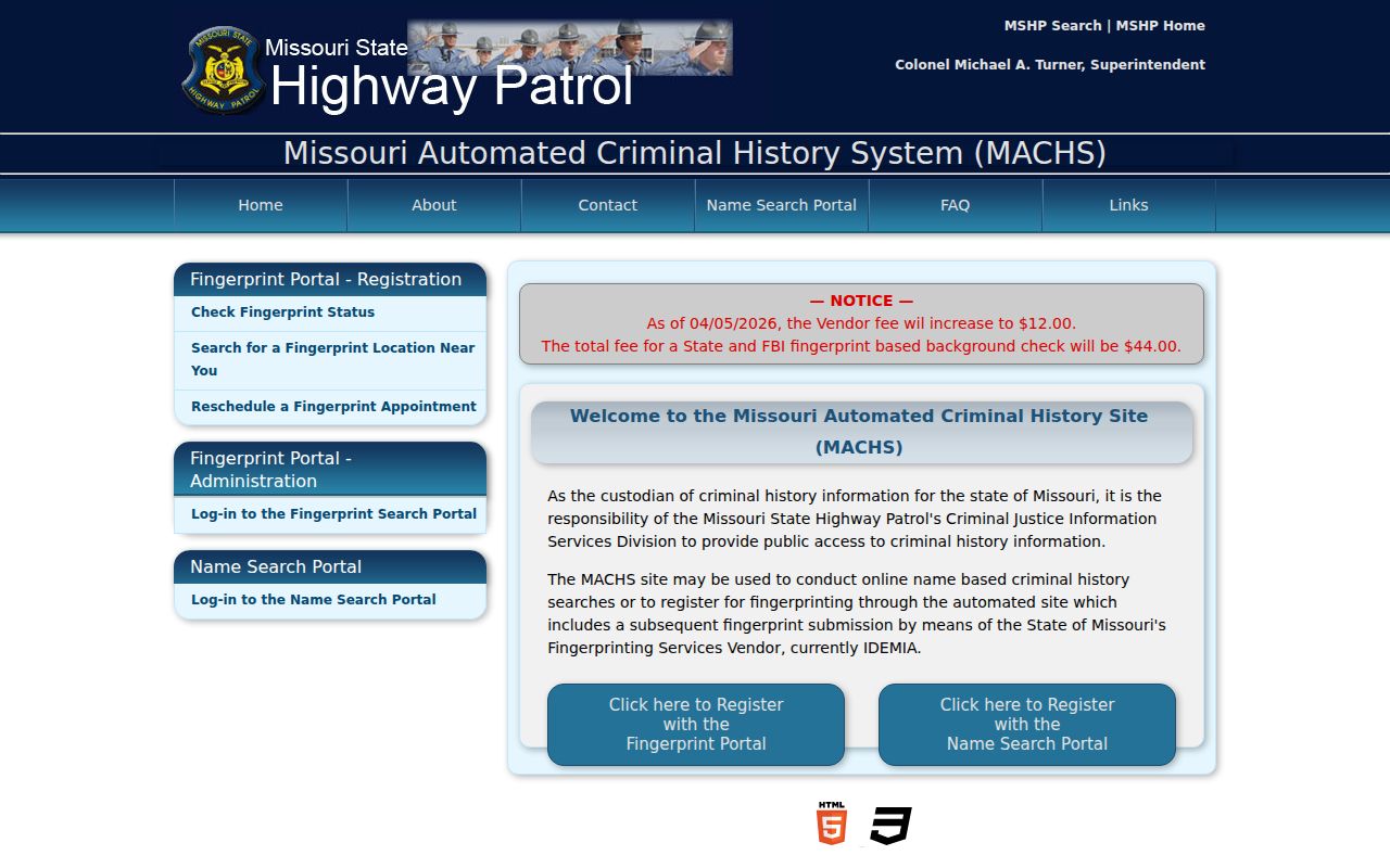 MACHS portal for Hickory County criminal history searches